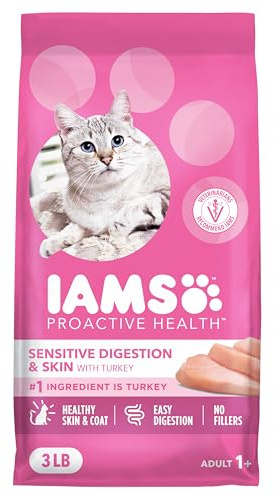 IAMS Proactive Health Sensitive Digestion & Skin Dry Cat Food, Adult Cat Food Dry Recipe with Real Turkey, 3 lb. Bag