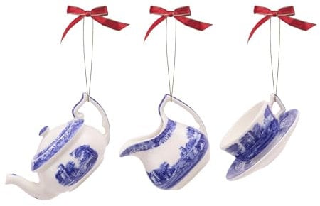 Spode Blue Italian Collection, 3 Piece Tea Set Ornaments, Teapot, Creamer, & a Teacup & Saucer, Use as a Napkin Ring, Hanging Ornament, Gift, Or Home Decoration
