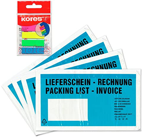 WPTrading - 1.000 x Lieferscheintaschen 225 x 120 mm DIN-LANG Türkis Lieferschein/Rechnung inkl. 125 Page-Marker in 5 Farben - Dokumenten-Taschen selbstklebend - Begleitpapiertaschen für Versand