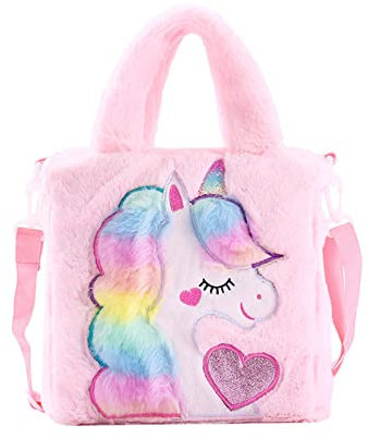 Hifot Einhorn Plüsch Umhängetasche Mädchen, Mode Einhorn Bestickt Kuriertasche Handtaschen mit Verstellbar Schultergurt Kuriertasche für Kinder Rosa