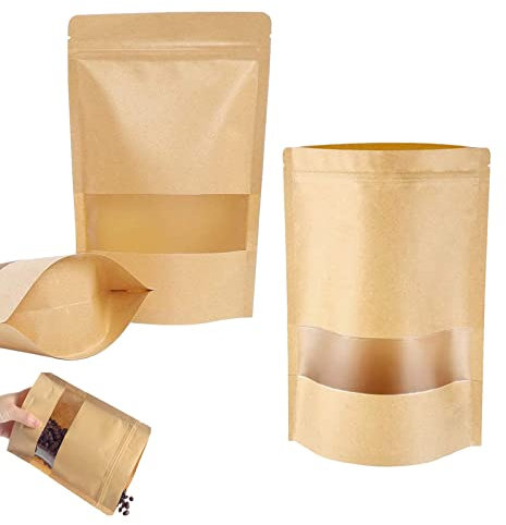 100pièces Sacs en Papier Kraft avec Fenêtre Transparente Sachet Zip Kraft Papier Sacs de stockage alimentaires réutilisables pour Bonbons Patisserie Grains