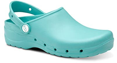 FELIZ CAMINAR - Zuecos Sanitarios Flotantes/con Correa Unisex Antideslizantes y Cómodos para Hombre y Mujer | Cocina, Sanidad, Hostelería (Agua Marina 36)