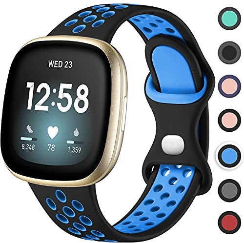 Upeak Sportarmband Kompatibel mit Fitbit Versa 3 Armband/Versa 4 Armband/Fitbit Sense Armband/Sense 2 Armband, Atmungsaktiv Silikon Doppelloch Schnappschnalle Ersatzband, Groß, Schwarz/Blau
