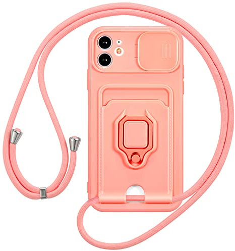 ZCDAYE Case for iPhone 11 with Long Lanyard, iPhone 11(6.1 inches) Phone Case with Roating Ring Stand,Protective Phone Case with Slide Camera Cover for iPhone 11(6.1 inches) - Pink