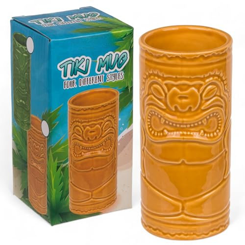 MIJOMA Tiki Becher Tiki Glas aus Keramik, Hawaii Cocktailbecher Cocktailgläser für Tiki Bar Cocktailparty Rockabilly, spülmaschinengeeignet wiederverwendbar, ca. 14 cm x 6,5 cm (Gelb)