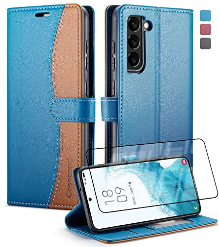 Casecond Coque pour Samsung Galaxy A54 5G avec Verre Trempé Protection écran Housse en Cuir avec Magnetique Etui RFID Blocage PochettePorte Cartes Portefeuille pour Galaxy A54 5G - Bleu et Brun