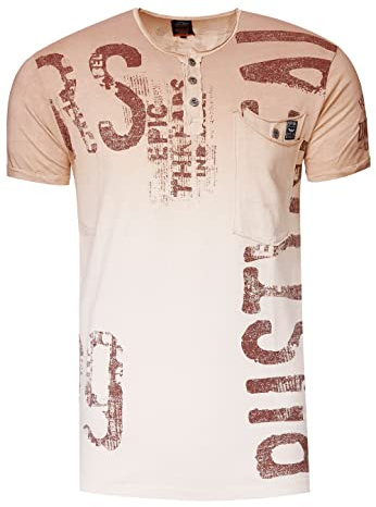 Herren T-Shirt Kurzarm Shirt Rundhals Regular Cotton mit Knopfleiste Print-Design Verwaschen 272, Farbe:Beige, Größe S-3XL:L