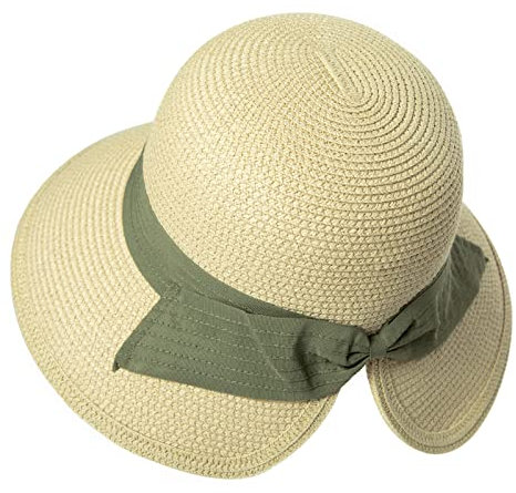 Comhats Faltbarer Strohhut für Damen Sonnenhut am Strand UV Schutz Sommerhut Garten Pferdeschwanz 94562_beige1