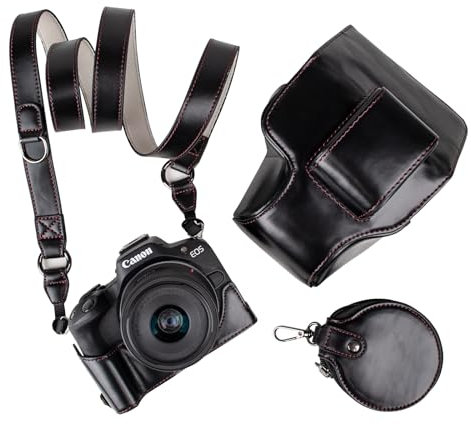 MUZIRI KINOKOO EOS R50 R100 Case, Retro PU Leather Camera Case Bag Cover for Canon EOS R50 R100 DSLR Camera - EOS R50 R100 Case with Bottom Opening Version & Shoulder Strap & Storage Pocket - Black