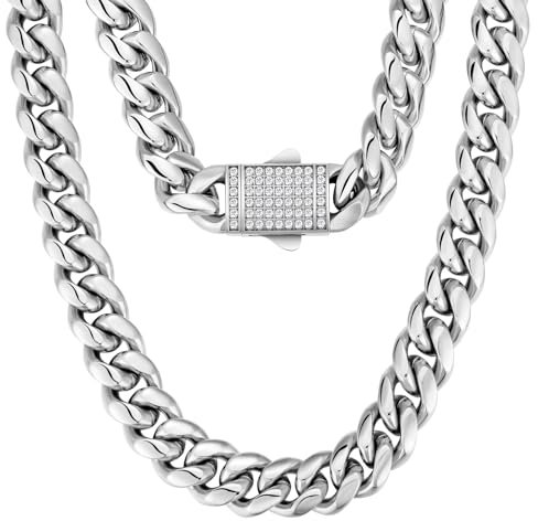 KRKC&CO 12mm Herren Panzerkette mit Iced Out Verschluss, Weißgold plattiert Cuban Link Chain, Edelstahl Miami Kubanische Gliederkette Silberkette, Hip Hop Halskette für Männer Jungen [Größe 45,7cm]