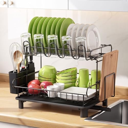 MAJALiS - Escurridor de Trastes Acero Inoxidable 304, Escurridor de Platos Grande de 2 Niveles con Drenaje, Estante de Almacenamiento para Cubiertos de Cocina,Viene con Almohadilla de Secado (Plata)
