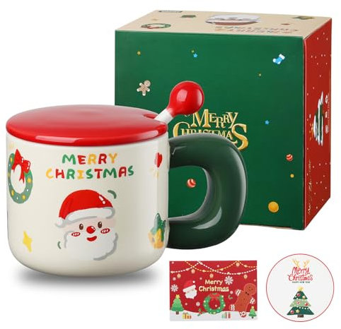 DONGSHANGIFT Navidad Taza de Cerámica con Tapa y Cuchara 12 oz/360ml Lindo Taza de Café de Navidad para Mujeres Hombres Niños con Caja de Regalo