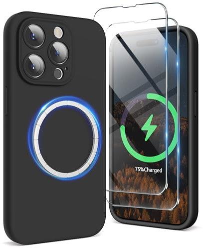 SURPHY für iPhone 15 pro Hülle Silikon (6,1) kompatibel mit MagSafe mit Displayschutzfolie & Vollständiger Kameraschutz, Handyhülle iPhone 15 pro Case mit Magnete, Schwarz