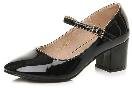 AJVANI Womens Ladies mid Block Heel Strap Work Evening Party Mary Jane Court Shoes Size 5 38 Black Patent