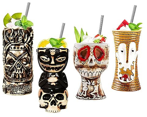 Morlinca Tiki Mugs - Tiki Mugs Lot de 4 - Verres Tiki en céramique Verres à Cocktail Tiki Bar Decor Tiki Cocktail Party - Soirées à thème Tiki - Fêtes d'halloween - Fête hawaïenne,A14