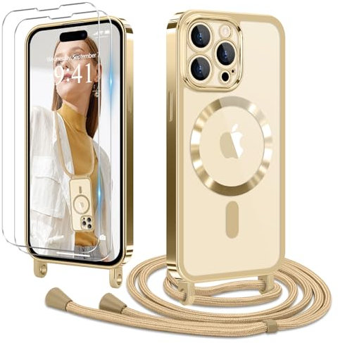 Ethanger Handyband für iPhone 14 Pro Hülle mit Band + 2 Stück Glas Schutzfolie Transparent Silikon Handyhülle Magnetische Schutzhülle für iPhone 14 Pro Gold