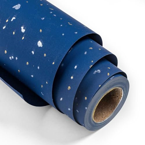 MAYPLUSS Dicke Geschenkpapierrolle – 43,2 cm x 5,2 m – maskuline schwarz-goldene glänzende Flocken auf mattem, dunkelmarineblauem schwerem Geschenkpapier mit seidiger Haptik für Vatertag, Geburtstag,