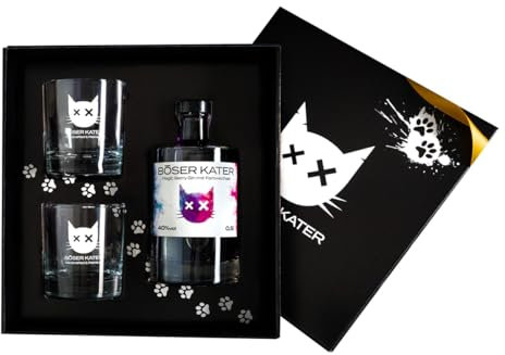 BÖSER KATER Magic Berry Farbwechsel Gin Geschenkset mit 2 Gläsern | das perfekte Gin Geschenk in hochwertiger Box | Farbwechsel-Effekt von Violett zu Rot durch Tonic Water | 0,5l 40% Vol.