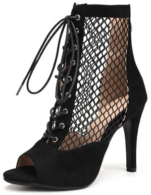 Uonpie Peep Toe Stivali 10cm Tacco in Scamosciata a Rete Scarpe da Ballo Latino Salsa Tango Bachata,Nero,35EU
