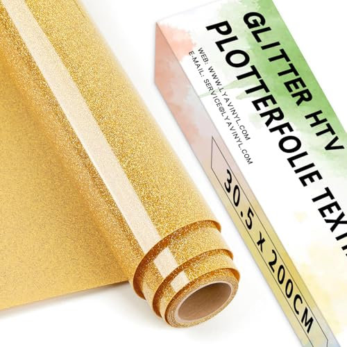 Lya Vinyl Glitzer Plotterfolie Textil, 30,5 cm x 200 cm Gold Flexfolie Plotter Textil für Cricut, Silhouette Cameo, Transferfolie zum Aufbügeln für DIY Stoffe und Shirt Plotter zubehör
