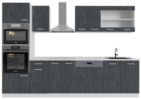 Vicco Küchenzeile R-Line, Küchenblock, Schwarz Beton/Weiß, 300 cm AP Marmor
