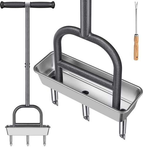 Dolibest Rasenlüfter Manuell, Rasen Belüfter Hohlspoon Aerifiziergabel Gardena Rasenspecht Rasenlöcher Hohlzinken Langstiel Bodenbelüften Werkzeug 2 Kerne mit Reinigungswerkzeug für Rasenpflege