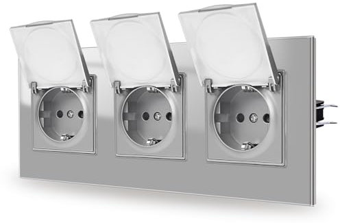 JIMEIDA Toma de corriente triple, empotrada, toma de vidrio con tapa impermeable, 16 A, 228 x 86 mm, 250 V, gris