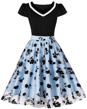 AXOE Femme Robe Rétro Vintage à Col Cœur Taille A-Line Broderie Tulle pour Mariage Fêtes Manches Courtes Zip Dos Caché Bleu Clair F02, Taille 42, L