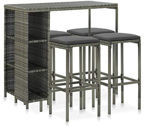 Sufrk 5-TLG. Gartenbar-Set mit Kissen Poly Rattan Grau Bartisch Mit Barhocker Set Bartisch Mit StüHlen Bar Theke Tresen - 3064915