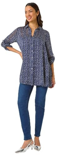 Roman Shirt for Women Ladies Cotton Blouse Button Through Tunic Printed Top Work Long Sleeve Smart Casual Going Out Work Office V Neck Everyday Evening Event - Navy White - Size 12