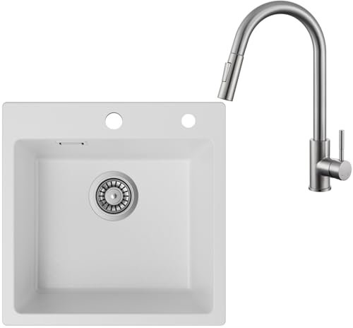 Auralum Spüle mit Armatur Set, Granit Spülbecken Weiß 45 x 45 cm + Edelsathal Wasserhahn Küche Ausziehbar