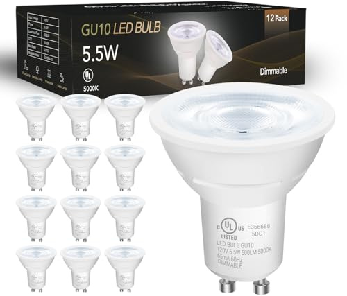 DAYBETTER GU10 LED Light Bulbs, Dimmable GU10 Bulb Replacement for Track Lighting, 5.5w Equivalent 50W, 500 LM Daylight White 5000K, MR16 LED Bulb for Kitchen, Range Hood, Living Room, 12 Pack