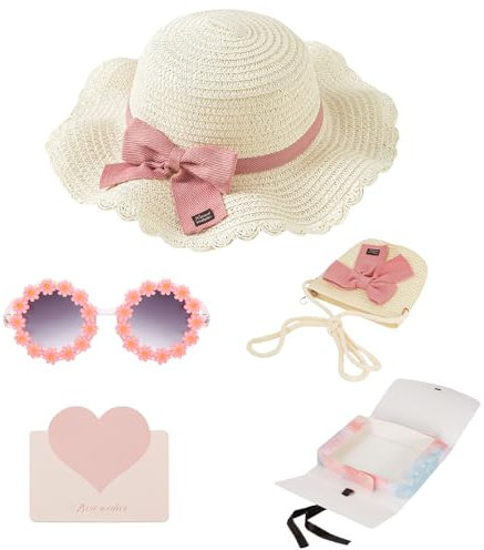 YOOCHUENG Ensemble Chapeau de Paille,Petit Sac et Lunettes de Soleil pour Filles,Chapeau de Soleil d'Été Enfants,Coffret pour Vacances,Plage,Activités Outdoor,Cadeau d'Été pour Les Filles