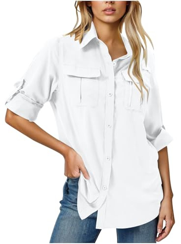 Womens UV Sun Protection Shirt UPF 50 Long Sleeve Button Down Safari Shirts Ladies Fishing Hiking Blouse with Pockets White