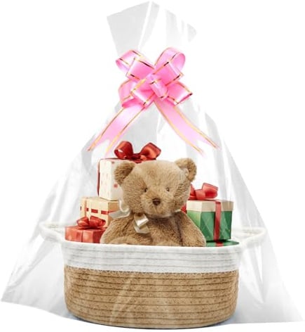 Geschenkkorb Leer 30x20x12 cm, Geflochten Korb mit Geschenktüten und Bändern, Präsentkorb Leer für Weihnachten, Geburtstag, Hochzeit, Aufbewahrungskorb, Deko-Korb (Khaki)