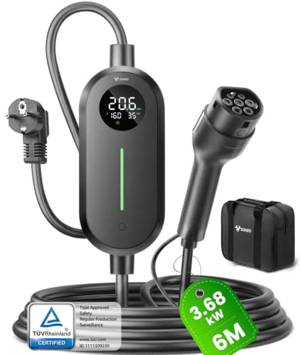 GONEO Typ 2 EV Ladegerät Schuko IP66 Wasserdicht, 3,68kW 16A (6–16A einstellbar), 6m 1-phasig 230V Tragbares Ladekabel, Mobile Wallbox mit LCD & Timer, für Elektroautos und Plug-in-Hybride