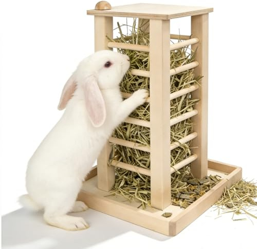 Futterhäuschen Für Kaninchen, Heuraufe, 36.5x24.5x16.5cm Meerschweinchen Heuraufe, Futterspender Aus Holz Für Kleine Haustiere, Kaninchen, Chinchilla, Stabiler Stand In Würfelform