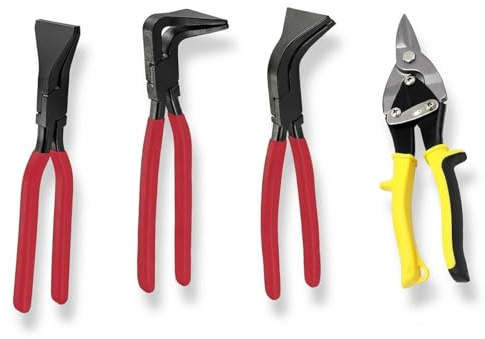 4Tlg Falzzange Set, 0°/45°/90° Gerade Abgewinkelt Abkantzange Blechzange Maulbreite 60 mm aus Hochgekohlter Stahl mit Blechschere, Handschuhe für Dachdecker Dekorateur Werkstatt und Heimwerker