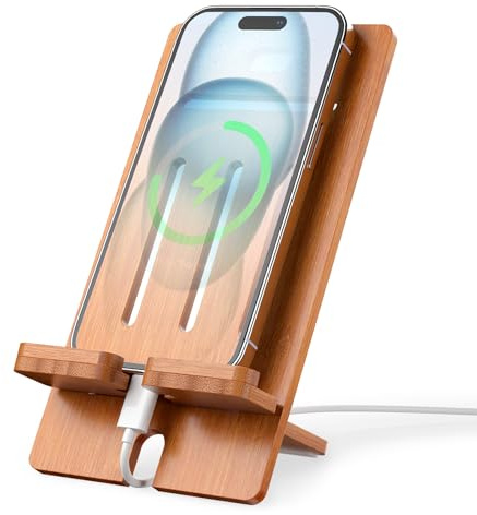 Pezin & Hulin Bamboo Cell Phone Stand, Slim Version -Brown | Wood Dock Holder, Portable Desktop Phone Rack, Compatible with Mobile Phone and Tablet