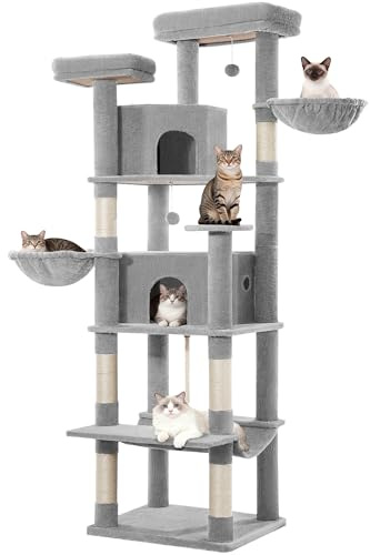 Fobyfurny Cat Tree for Large Cats, 216cm Cat Tower, Light Grey | 2 Comfy Condos, Scratching Posts, 2 Perches, 2 Baskets, Hammock, Multi-Level Climbing Tower for Indoor Use FPMS007FG1
