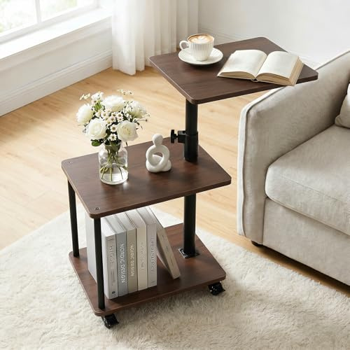 Bingyouth Beistelltisch auf Rollen mit Bremse, höhenverstellbar & 360° drehbar – Beistelltisch Couch/Side Table mit 3 Ablagen, stabilem Rohr, MDF Holzoptik, Walnuss