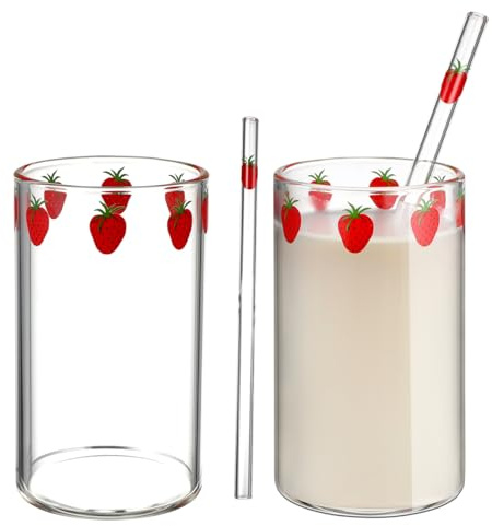 BESPORTBLE Set di 2 bicchieri di fragola con cannucce, bicchieri da latte trasparenti per casa, ufficio, feste e ristoranti
