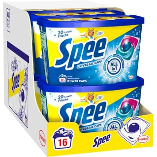 Spee Power Caps Universal (8 × 16 Waschladungen), Allin1 Waschmittel Caps mit Fleck-Weg-Power, kalt-aktives Universal Waschmittel für mehr Frische, Vollwaschmittel für alle Waschprogramme