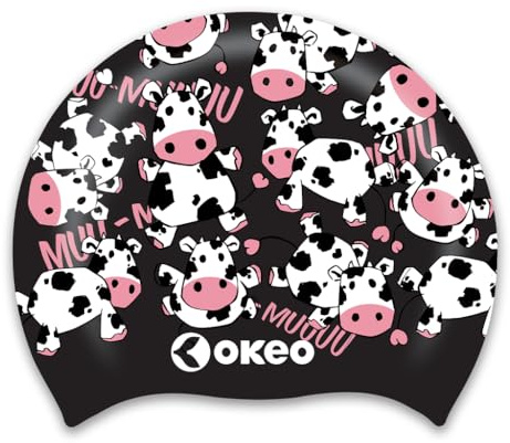 Okeo Cuffia Nuoto Silicone, Cuffia Piscina Uomo Donna, Silicone Elasticizzato Antiscivolo, Design Ergonomico Idrodinamico, Grafica Pecore, Ideale per Allenamento e Gara (Muu Muu)
