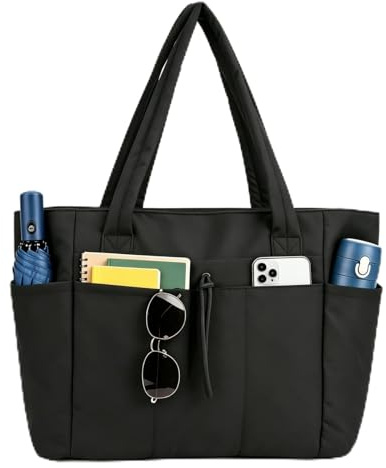 Large Tote Bags for Women - Lightweight Puffer Handbag with 15.6 Inch Laptop Compartment-Nylon Work Bag with Zipper and Pockets- Waterproof Shoulder Handbag for Shopping, Travel & School - Black