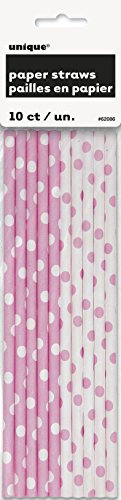 Unique Party - 62086 - Paquet de 10 Pailles - Carton à Pois - Rose Pastel