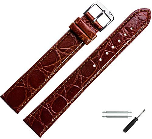 MARBURGER Uhrenarmband 14mm Leder Braun Silber XL Kroko Prägung Mit Naht - Montage Set 6811432000120