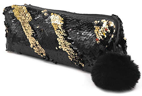 Large Rainbow Reversible Sequin Pencil Case School Glitter Make Up Bag Pouch (Black+Gold)