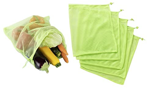 Maximex Mehrweg-Beutel, 5er Set wiederverwendbar Obst- und Gemüsebeutel, lebensmittelechte Einkaufsnetze aus 100 % Polyester, 30x35 cm