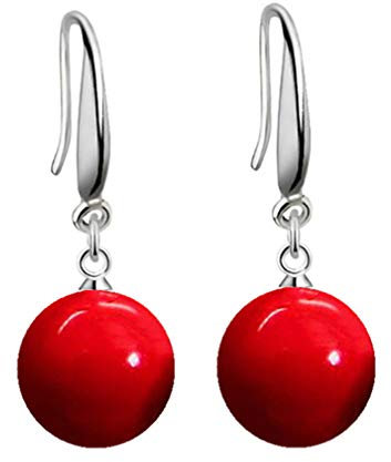 YAXUN Damen Rote Ohrringe 925 Sterling Silber Ohrhänger Rot Runde Muschel Perlen Ohrringe Tropfen Hängend Haken Perlenohrringe Schmuck Geschenke für Frauen und Mädchen